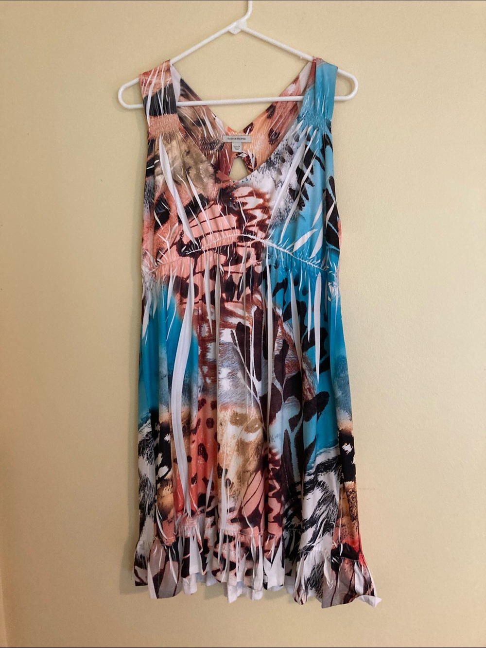 Boston Proper Multicolor Abstract Print Midi Dress - Teal, Coral, Brown